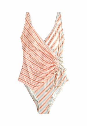 Ein Einteiler-Badeanzug mit diagonalen Streifen in Pink, Weiß und Blau, einem V-Ausschnitt und verstellbarer seitlicher Raffung mit Kordelzug.