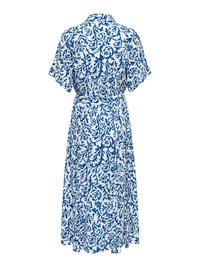 Robe blanche à motif de vigne florale bleue, manches courtes, col avec collerette et ceinture nouée à la taille, vue de dos.