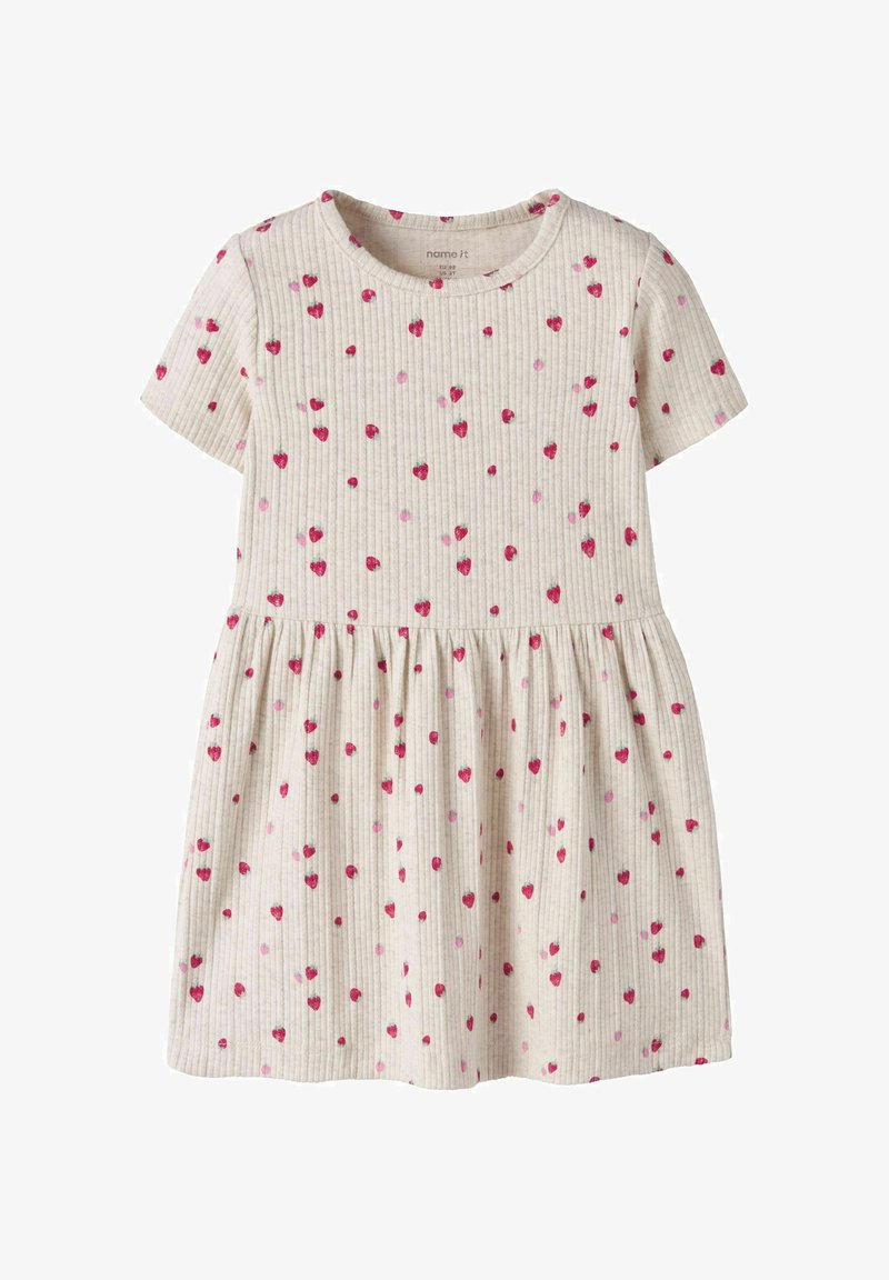 Robe courte à manches courtes côtelée couleur crème avec taille froncée, décorée de petits imprimés de cœurs rouges et roses éparpillés.