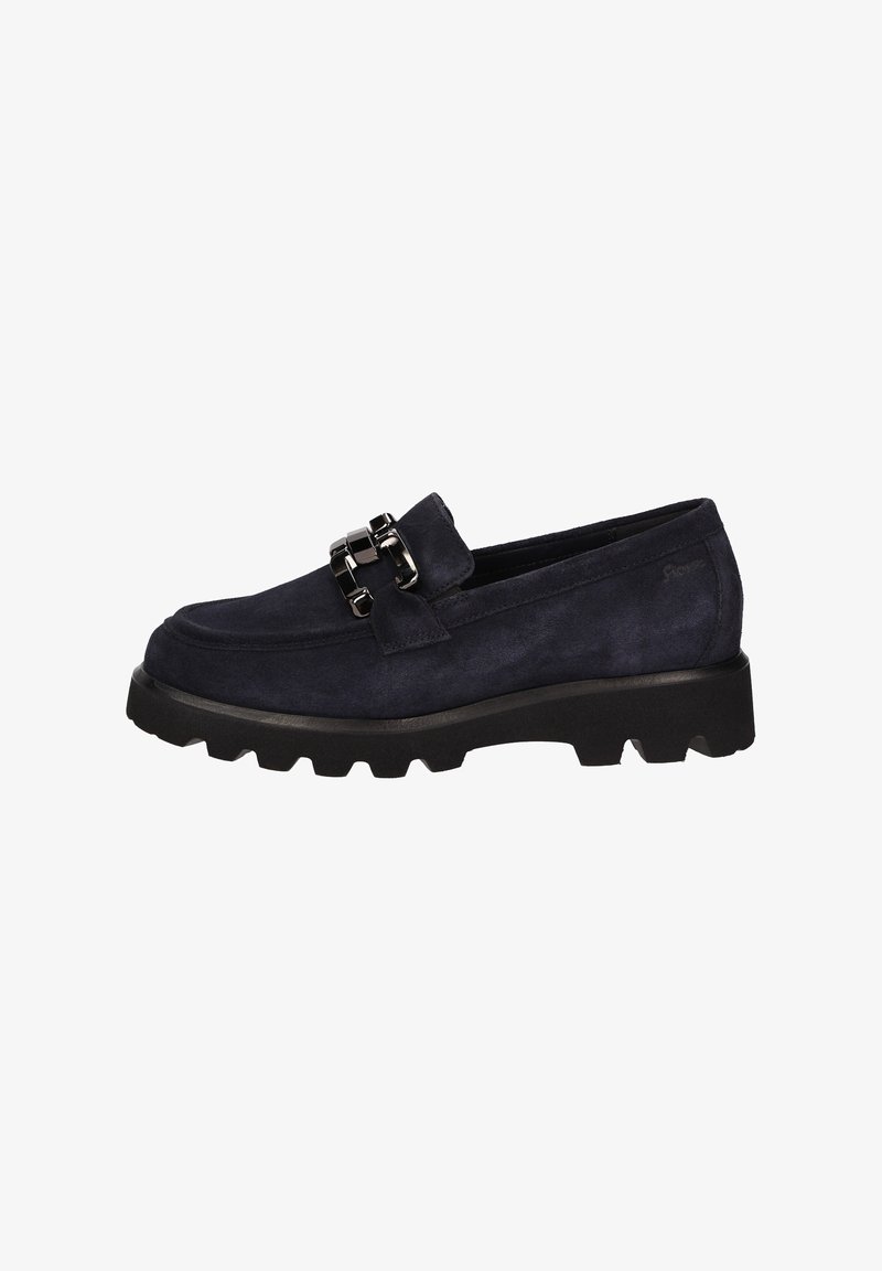 Navyblaue Wildlederslipper mit dicker schwarzer Gummisohle und silberner dekorativer Schnalle oben.
