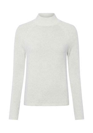 Hellgrauer, gerippter Rollkragenpullover mit langen Ärmeln. Hergestellt aus weichem, strukturiertem Material, mit einer taillierten Passform und nahtlosen Schultern.