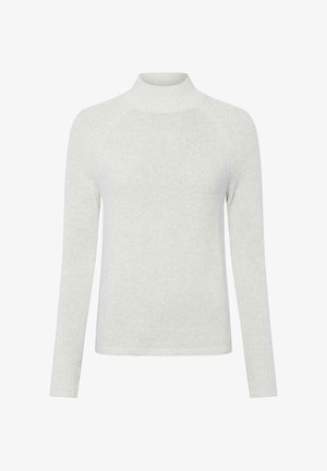 Pull col roulé gris clair à côtes avec des manches longues. Fabriqué en matière douce et texturée, il présente un design ajusté et des épaules sans coutures.