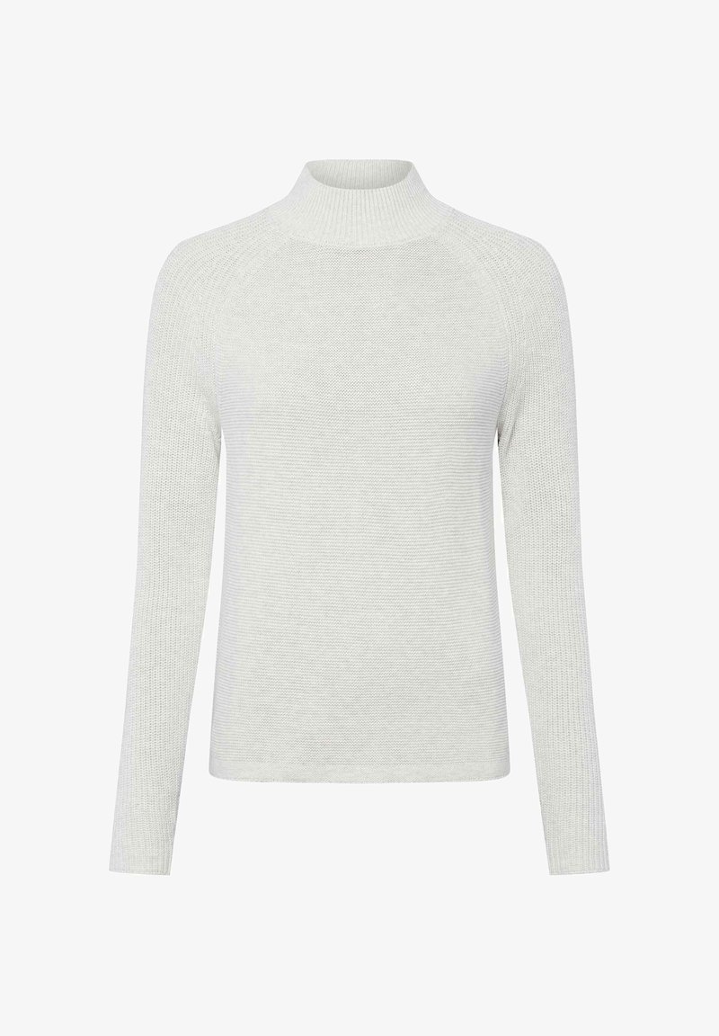 Hellgrauer, gerippter Rollkragenpullover mit langen Ärmeln. Hergestellt aus weichem, strukturiertem Material, mit einer taillierten Passform und nahtlosen Schultern.