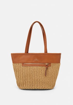 Sac tote tissé couleur beige avec garniture en cuir marron, doubles bretelles et petite poche avant zippée.