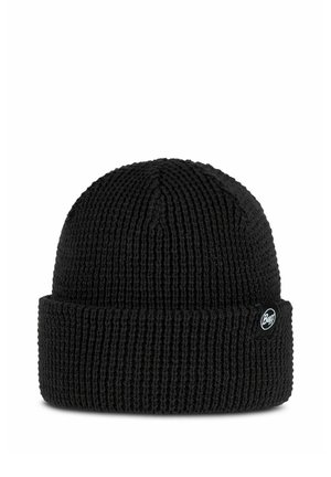 Gorro de punto negro con borde doblado y un pequeño logo redondo de la marca Buff en el puño.