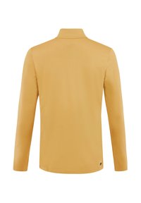 Polo tričko s dlhým rukávom, jednotnej horčicovej farby, mäkký materiál, s golierom, bez viditeľných log a vzorov, a s rovným hemom.