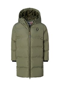 Olivgrüne Steppjacke mit Kapuze, ausgestattet mit einem Reißverschluss vorne, elastischen Bündchen und einem Logo-Patch auf der Brust. Glattes, isoliertes Material.