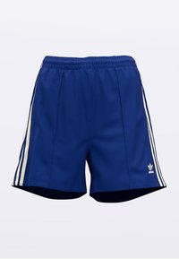 Blå atletiske shorts laget av et lett stoff, med hvite sidestriper og elastisk midje med Adidas-logo.