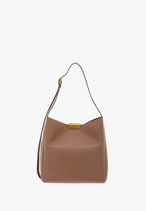 Sac à épaule en cuir marron avec une fermeture dorée et une sangle réglable, présenté sur fond blanc.