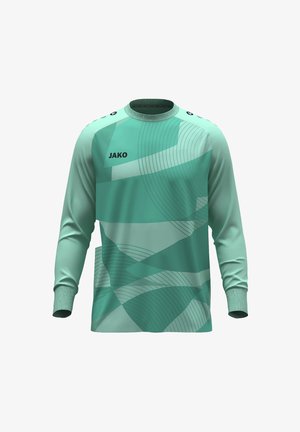 Maglia sportiva a maniche lunghe color verde acqua, con motivi astratti a cerchi e linee orizzontali. Logo del marchio "JAKO" visibile.