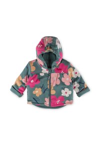 Giacca con zip floreale e cappuccio, presenta fiori rosa, gialli e bianchi su uno sfondo teal, realizzata in tessuto morbido e caldo.