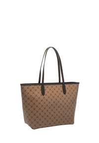 Borsa tote marrone con un motivo a monogramma, dotata di lunghe maniglie marroni e di un design strutturato. Materiale esterno texture con accenti scuri.