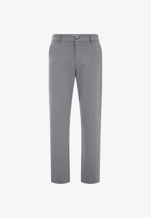 Férfi világosszürke egyenes szárú öltönynadrág övbujtatókkal, gombos lezárással és lapos elejű kialakítással.