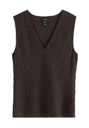 Mørkebrun ærmeløs top i tekstureret strik med V-hals og lille blonde detalje på ryggen, størrelse EUR S, lavet i Bangladesh.