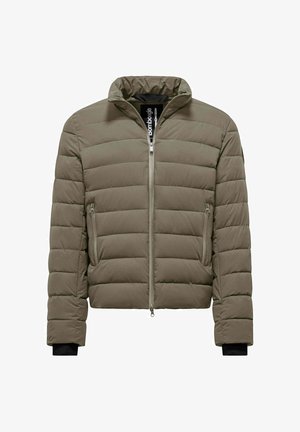 Gepolsterte Jacke in Olivgrün, mit hohem Kragen, Reißverschluss vorne und seitlichen Taschen mit gerippten Bündchen. Glattes, leichtes Material.