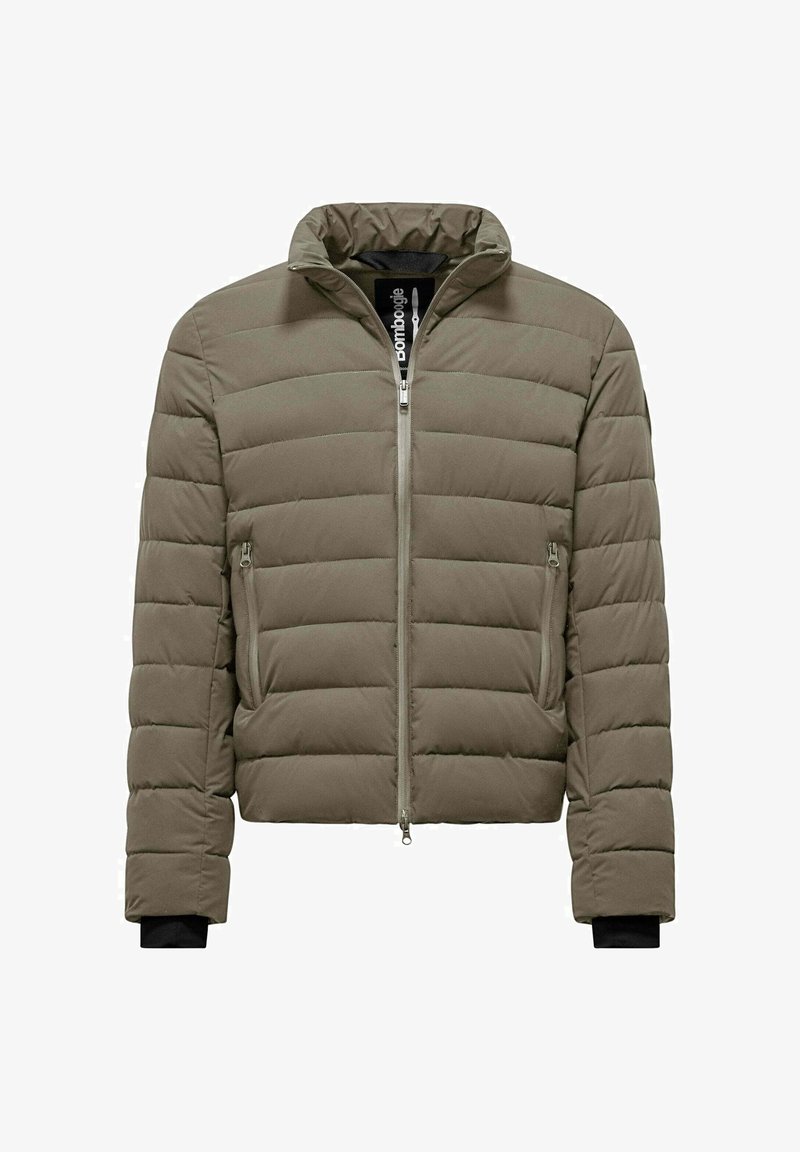 Veste matelassée en vert olive, avec un col haut, une fermeture éclair à l'avant et des poches latérales avec des poignets côtelés. Tissu lisse et léger.