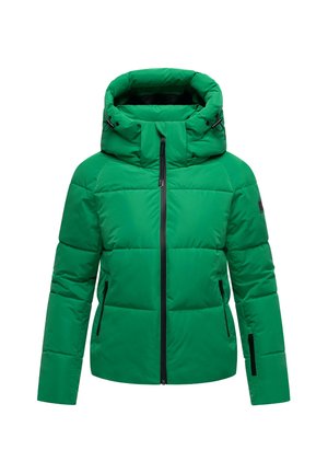 Zielona ocieplana kurtka z wysokim kołnierzem i kapturem. Posiada czarne zamki i kontrastowe akcenty. Gładka tekstura z pikowanym wzorem.