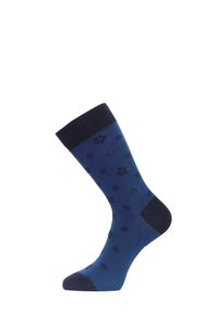 Chaussettes bleu marine avec un motif à motifs comprenant des accents bleu foncé, des motifs floraux et une bordure côtelée. Fabriquées à partir de matériau doux et respirant.