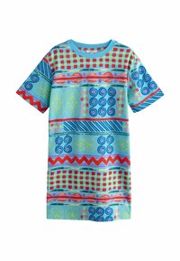 Sininen lyhythihainen mekko, jossa on värikkäitä abstrakteja kuvioita, kuten kieppuja, ruutuja ja siksak-kuvioita punaisena, vihreänä ja keltaisena. Puuvillamateriaali.