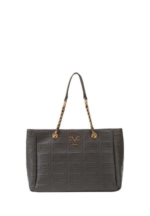 Zwarte gewatteerde draagtas met gouden kettinghandvatten en het 19V69 Italia-logo in het midden aan de voorkant.