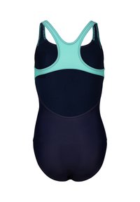 Bañador con un cuerpo en azul marino oscuro y un diseño de espalda nadadora en aqua claro, con costuras en contraste, fabricado en un tejido suave y elástico.