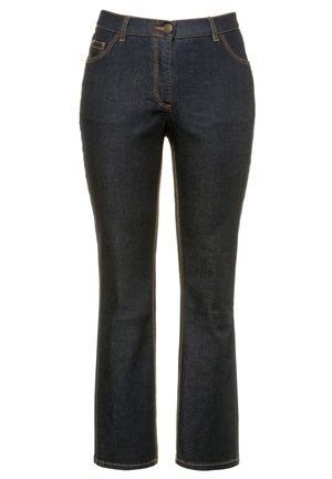 Jean en denim noir avec une coupe droite, des coutures contrastantes, une poche frontale et une fermeture à bouton à la taille.