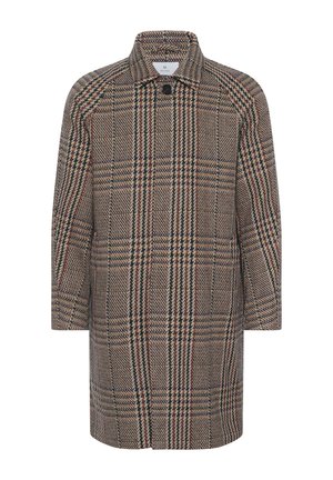 Plaid wool coat with a collar, brown, cream, and navy colors, featuring a front button closure and two side pockets.