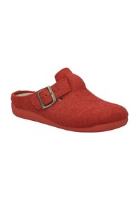 Chaussure glissante en feutre rouge avec une large sangle dotée d'une boucle en métal, texture douce, forme arrondie et semelle rembourrée.
