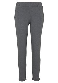Szare spodnie w wzór w jodełkę o dopasowanym kroju, elastycznym pasku w talii i długości do kostek. Miękka tekstura bez widocznych elementów metalowych.