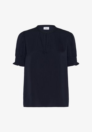 Navyblaues kurzärmliges Blusenoberteil aus weichem Stoff, mit Rundhalsausschnitt, plissierten Puffärmeln und einer dezenten Knopfleiste auf der Vorderseite.