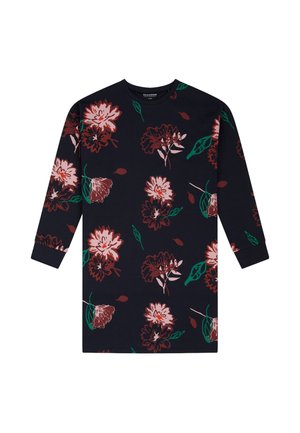 Langarmige jurk in marineblauw met een bloemmotief, met roze en bordeauxrode bloemen en groene bladeren. Gemaakt van zachte, comfortabele stof.