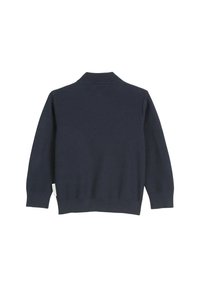 Granatowy sweter z dzianiny, z prążkowanym kołnierzem, długimi rękawami i teksturowanym materiałem. Posiada małą metkę po lewej stronie, blisko dołu.