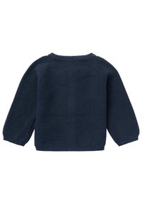Gestrickter Pullover in dunkelblau, mit langen Ärmeln, gerippten Bündchen und einem strukturierten Stichdesign am Körper und den Ärmeln.
