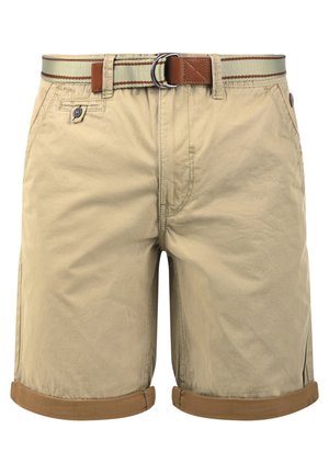 Bež kratke hlače s zavihanimi robovi, narejene iz tkanine. Vključujejo rjav pas z metalno zaponko in črtaste detajle na pasu.