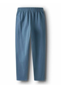 Zilas iebiešanas bikses ar elastīgu jostas daļu. Izvēlētas no gludas, vieglas auduma. Izvērsts taisnā griezuma un minimāli šūtiem detaļām.