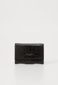 Crocodile-patterned black faux leather wallet with a gold logo. Compact rectangular shape with a glossy texture and no visible hardware.