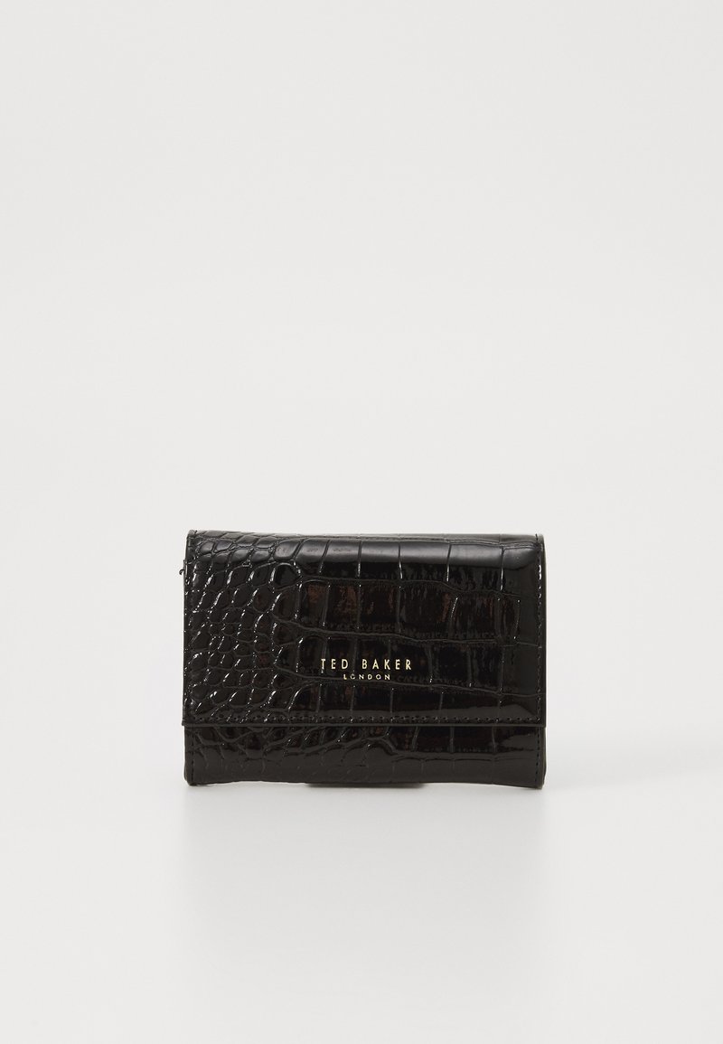 Crocodile-patterned black faux leather wallet with a gold logo. Compact rectangular shape with a glossy texture and no visible hardware.