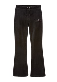 Juodos velūras kelnes su platėjančiais džinsais. Yra raištelių juosmuo ir žodis "JUICY" karoliukais ant priekio. Minkšta tekstūra.