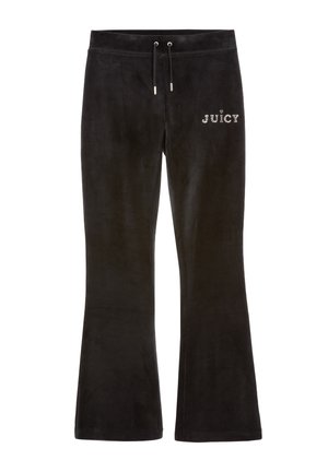 Black velour pants with a flared leg design. Features a drawstring waist and the word "JUICY" in rhinestones on the front. Soft texture.