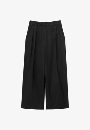 Black wide-leg trousers featuring pleats, a high waist, and a smooth texture, designed with a minimalist aesthetic.