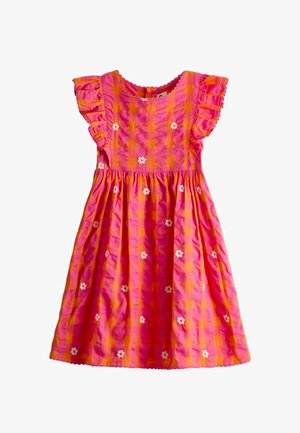 Tüdrukute roosa ja oranž ruuduline kleit rüüsvarrukatega ja väikeste valgete lilletrükkidega kangal.