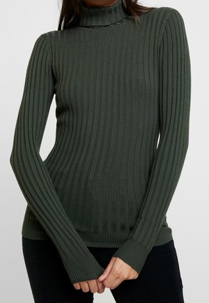 Dunkelgrüner gerippter Rollkragenpullover mit langen Ärmeln und figurbetonter Passform. Verfügt über strukturierten Stoff und verlängerte Bündchen für zusätzlichen Schutz.