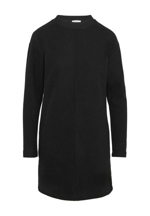 Must have pika varrukatega must kleit, ümmarguse kaelusega, valminud pehmest kangast, sirge lõike ja keskel õmbluse detailiga seljal.