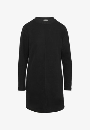 Vestido negro de manga larga con cuello redondo, hecho de tela suave, que presenta un corte recto y un detalle de costura central a lo largo de la espalda.