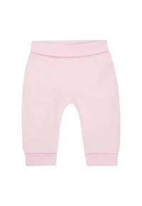 Helle rosa Jogginghosen aus weichem Stoff, mit einem gerippten Bund und Bündchen, schlichtem Design und ohne zusätzliche Verzierungen.