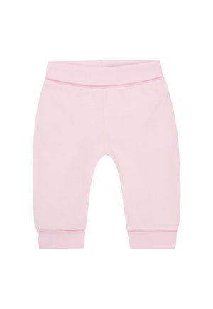 Lichtroze joggingbroek van zacht materiaal, met een geribde tailleband en boorden, met een eenvoudig ontwerp en geen extra versieringen.