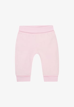 Lichtroze joggingbroek van zacht materiaal, met een geribde tailleband en boorden, met een eenvoudig ontwerp en geen extra versieringen.