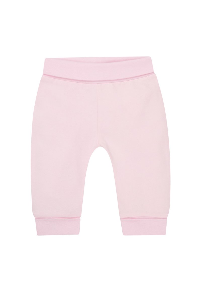 Helle rosa Jogginghosen aus weichem Stoff, mit einem gerippten Bund und Bündchen, schlichtem Design und ohne zusätzliche Verzierungen.