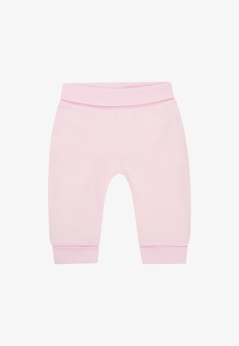 Helle rosa Jogginghosen aus weichem Stoff, mit einem gerippten Bund und Bündchen, schlichtem Design und ohne zusätzliche Verzierungen.