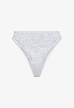 Balta mežģīņu stringi ar ziedu rakstiem, viļņotām malām un gludu jostu. Caurspīdīga tekstūra ar smalku dizainu visā virsmas laukumā.